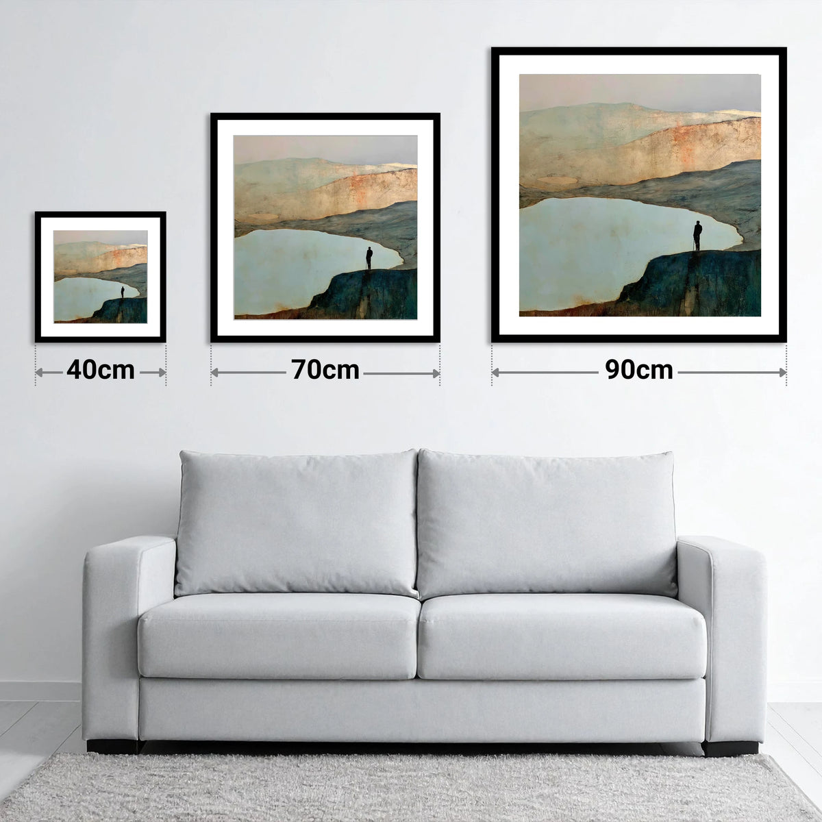 Haystacks Walker Beside Innominate Tarn - size guide showing 40cm, 70cm and 90cm art prints