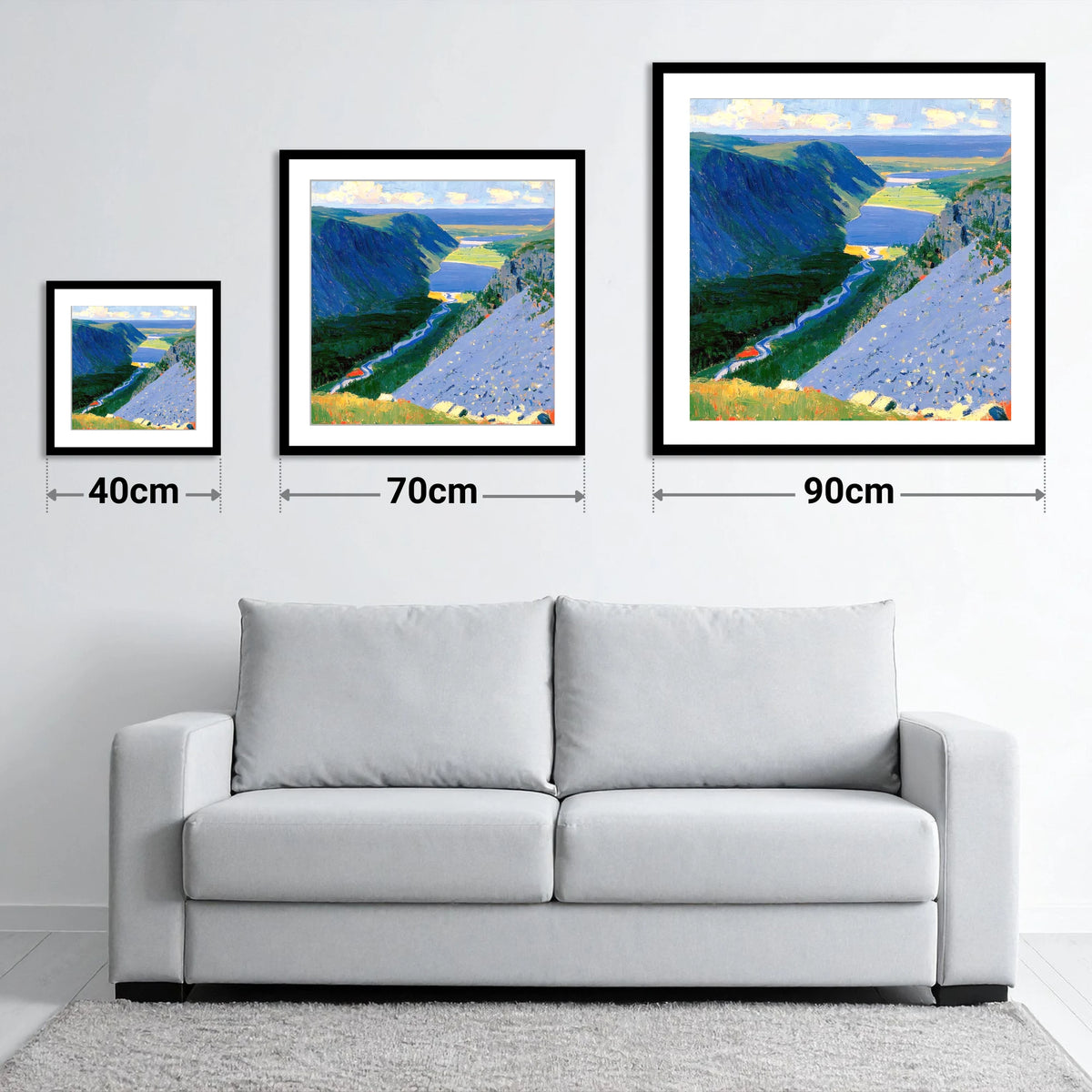 Vibrant Valley from Great Gable - size guide showing 40cm, 70cm and 90cm art prints