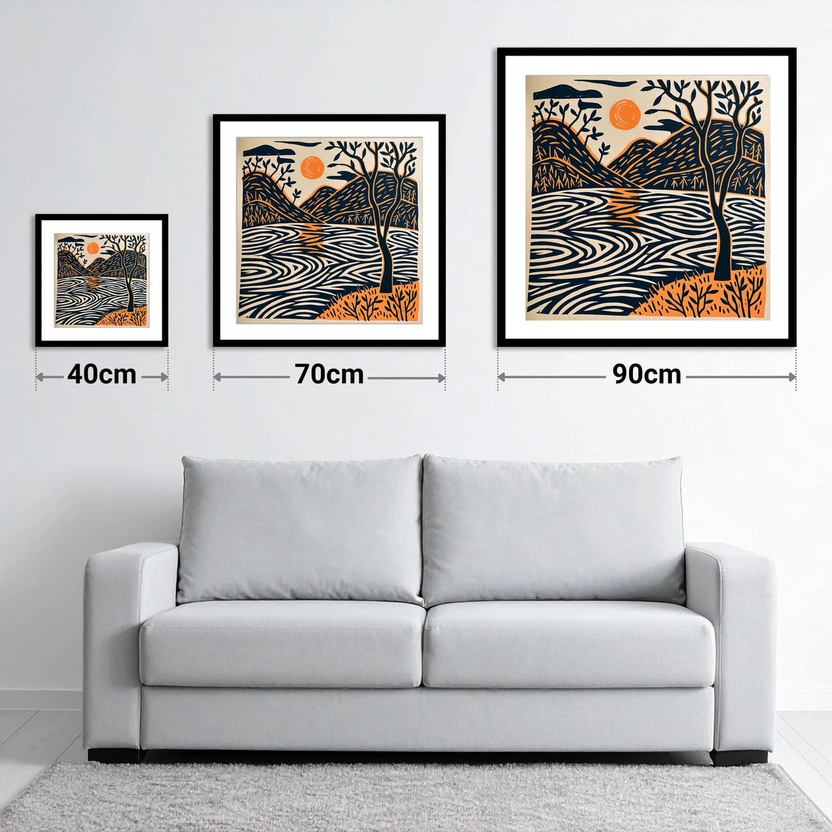 Dawn Lake in Terracotta and Navy - size guide showing 40cm, 70cm and 90cm art prints