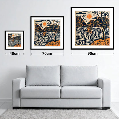 Dawn Lake in Terracotta and Navy - size guide showing 40cm, 70cm and 90cm art prints