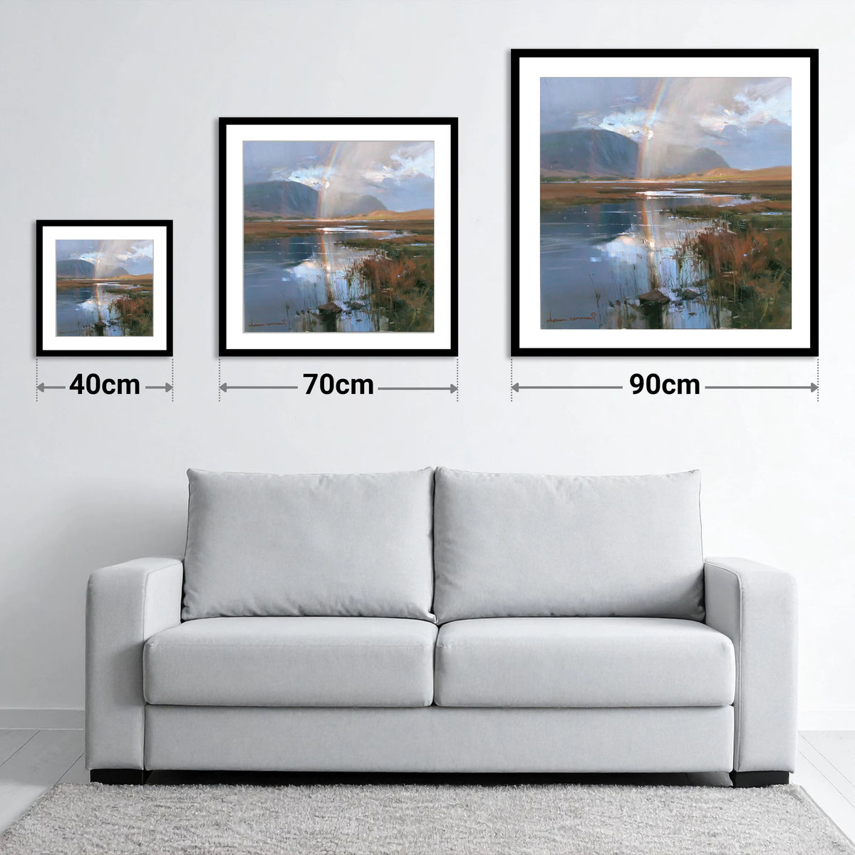 Rainbow Reflection Over Valley Waters - size guide showing 40cm, 70cm and 90cm art prints