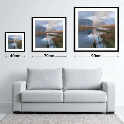 Rainbow Reflection Over Valley Waters - size guide showing 40cm, 70cm and 90cm art prints