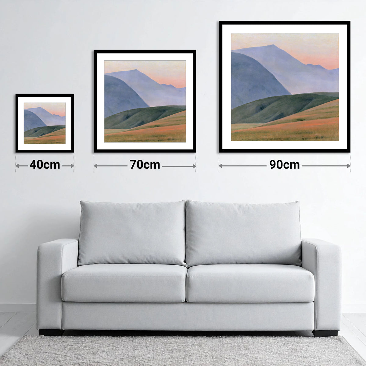 Rolling Fells in Pastel Light - size guide showing 40cm, 70cm and 90cm art prints