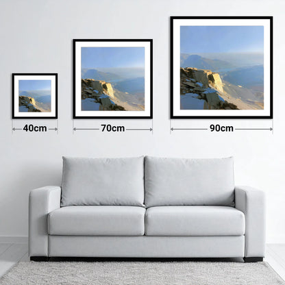 Sunlit Summit Over Hazy Fells - size guide showing 40cm, 70cm and 90cm art prints