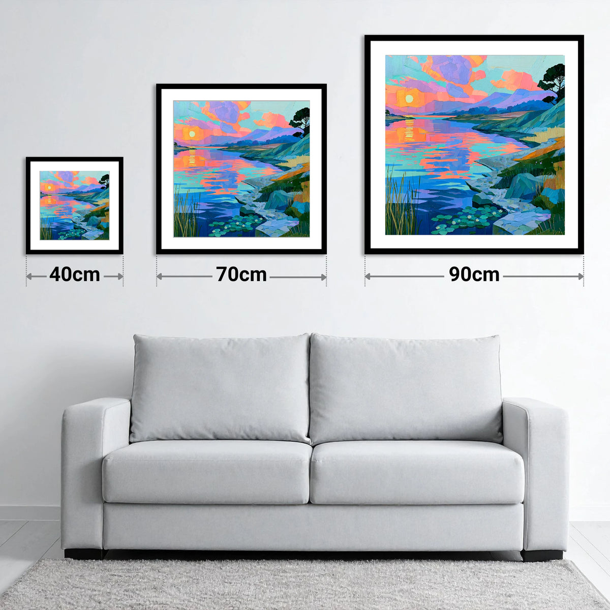 Vibrant Sunset Over the Water - size guide showing 40cm, 70cm and 90cm art prints
