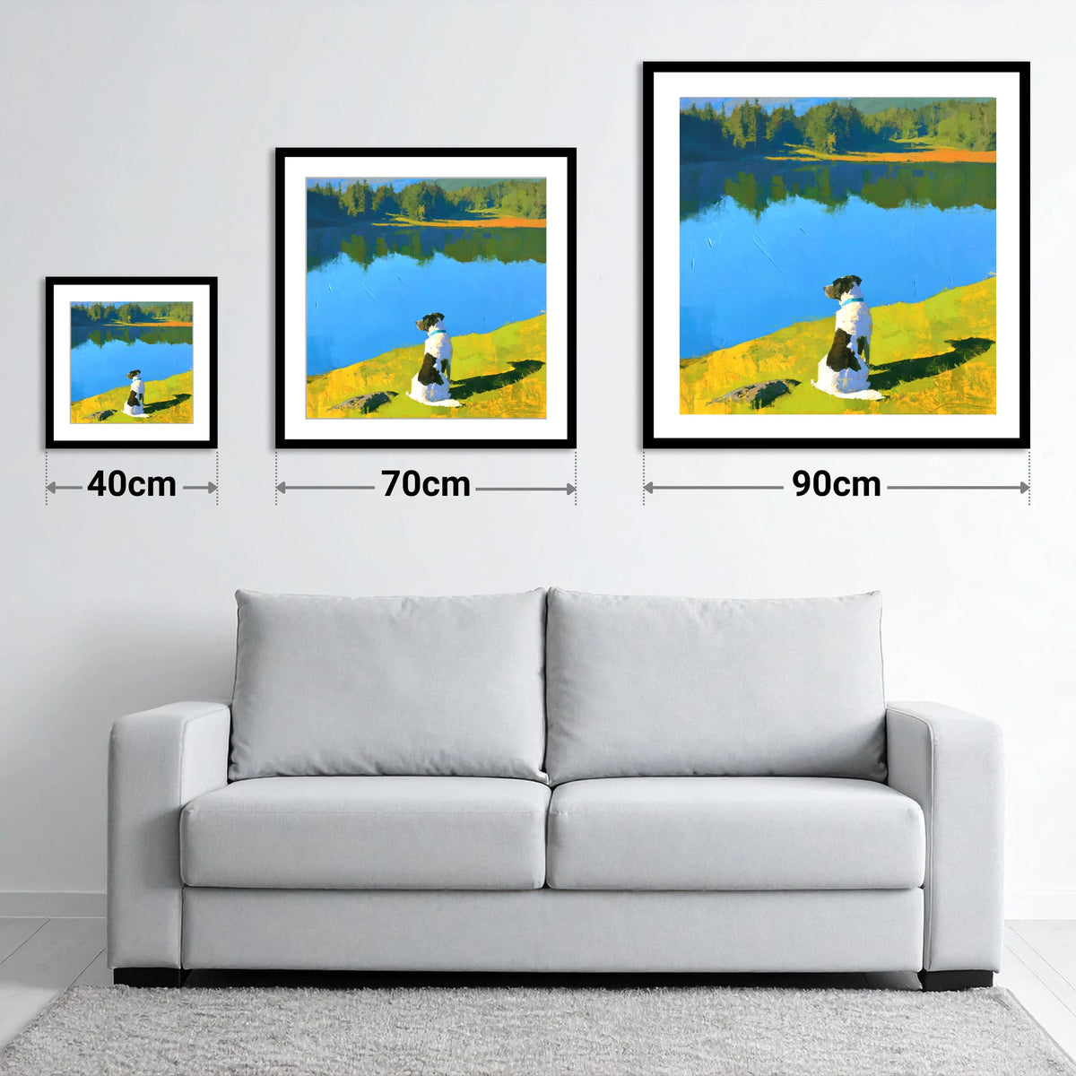 Sunlit Dog Beside Tarn Hows - size guide showing 40cm, 70cm and 90cm art prints
