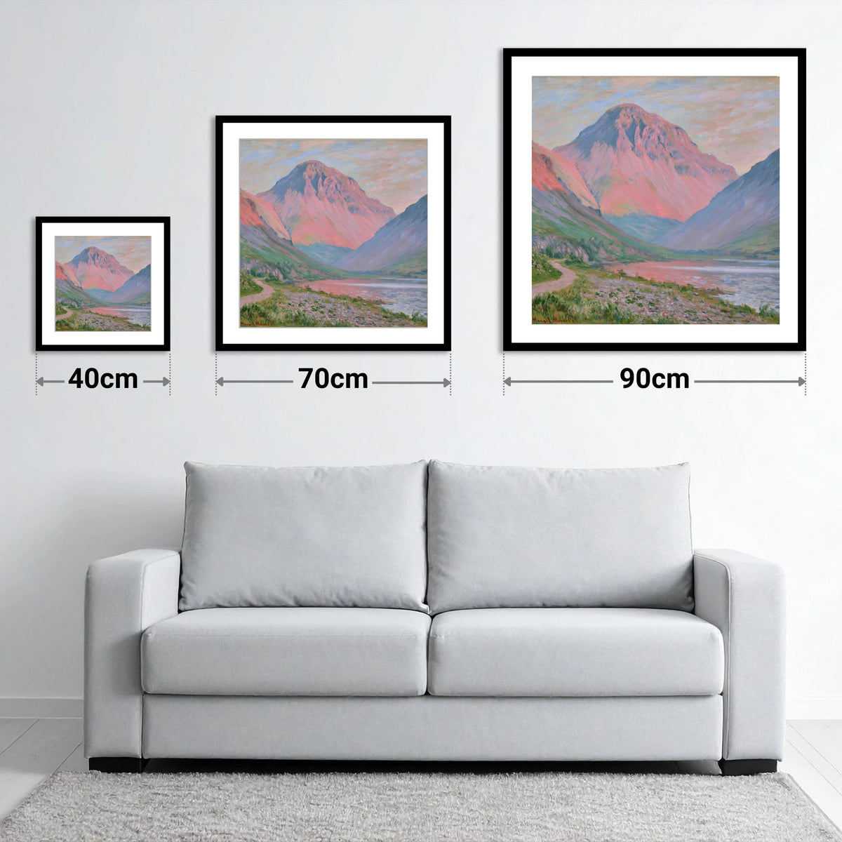 Pink Light Over Great Gable - size guide showing 40cm, 70cm and 90cm art prints