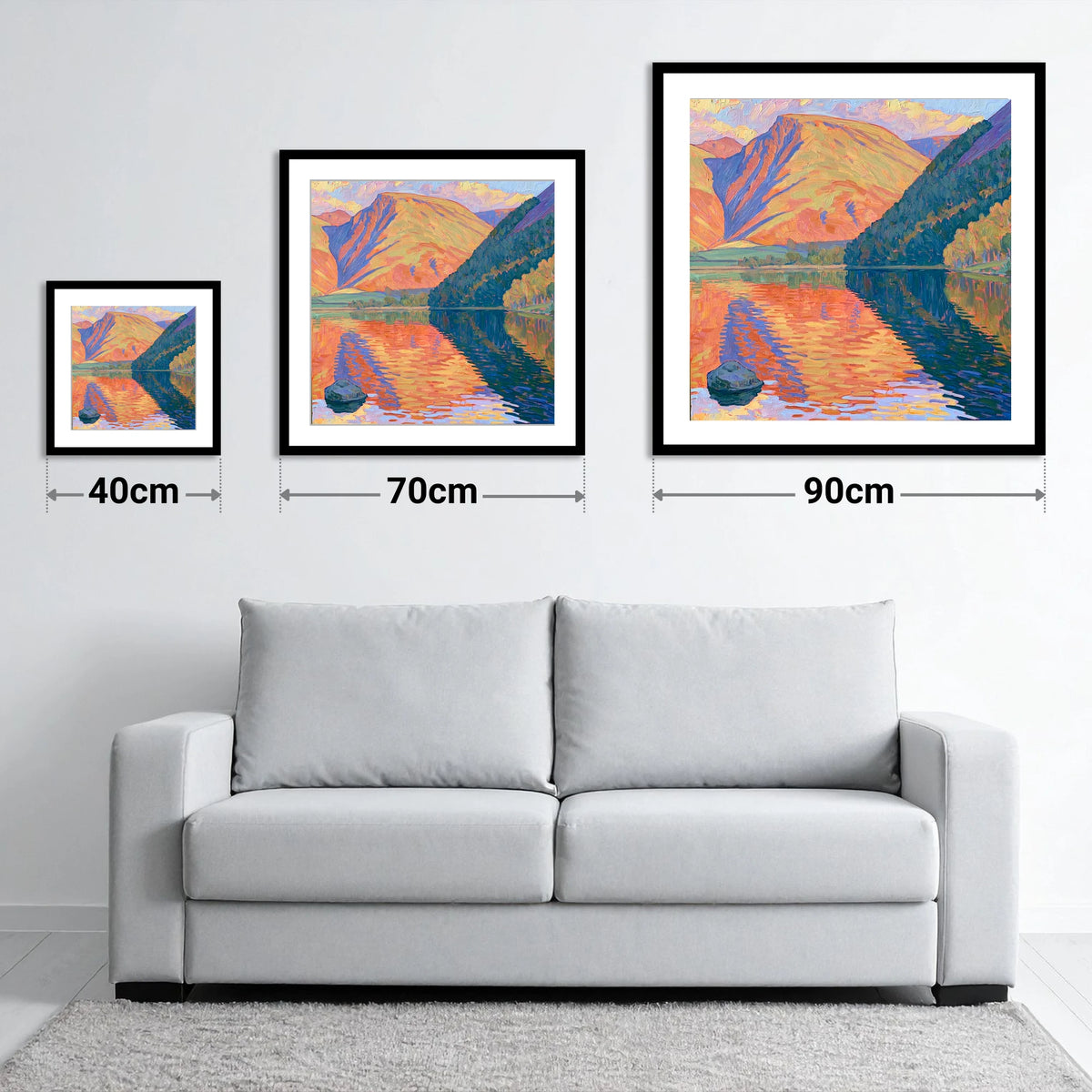 Vibrant Loweswater Sunset Reflections - size guide showing 40cm, 70cm and 90cm art prints