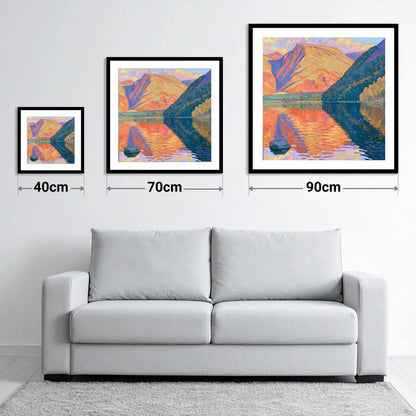 Vibrant Loweswater Sunset Reflections - size guide showing 40cm, 70cm and 90cm art prints