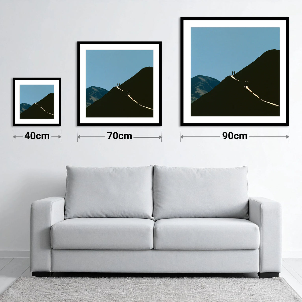 Walkers on a Sunlit Mountain Path - size guide showing 40cm, 70cm and 90cm art prints