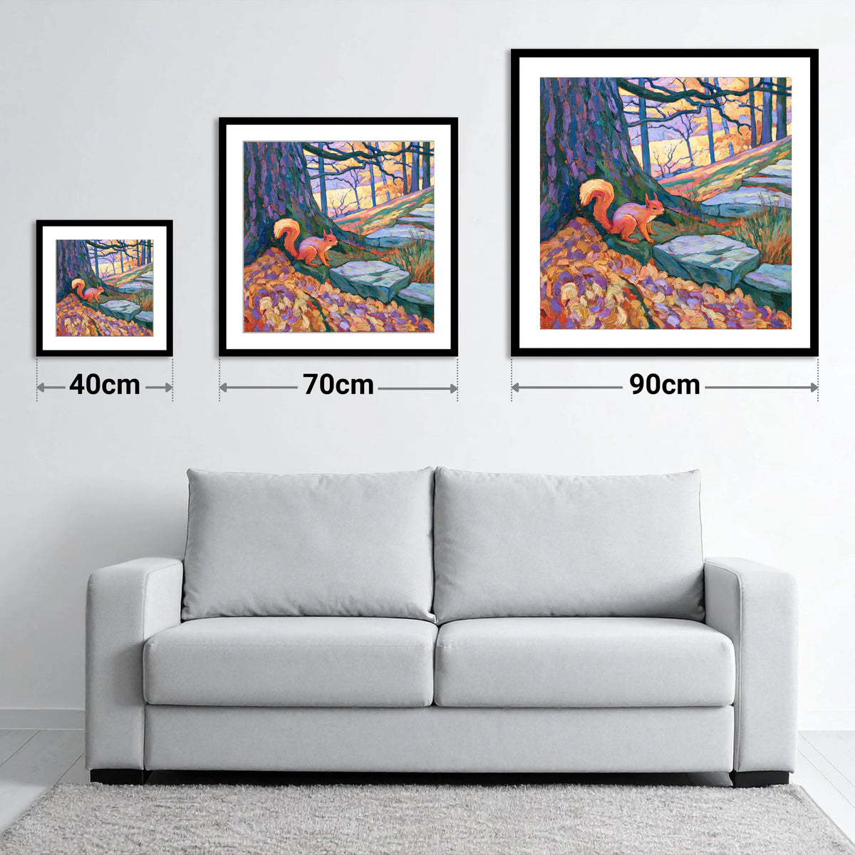 Red Squirrel in Vibrant Woodland - size guide showing 40cm, 70cm and 90cm art prints