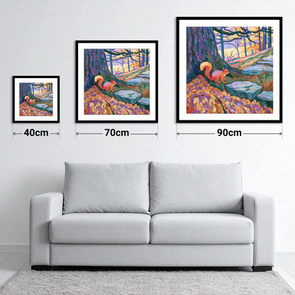 Red Squirrel in Vibrant Woodland - size guide showing 40cm, 70cm and 90cm art prints