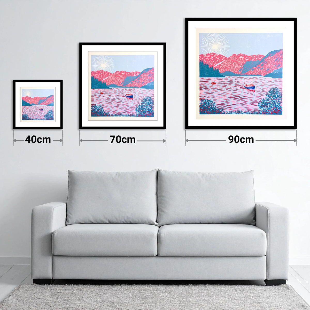 Ullswater Beneath Vibrant Pink Fells - size guide showing 40cm, 70cm and 90cm art prints