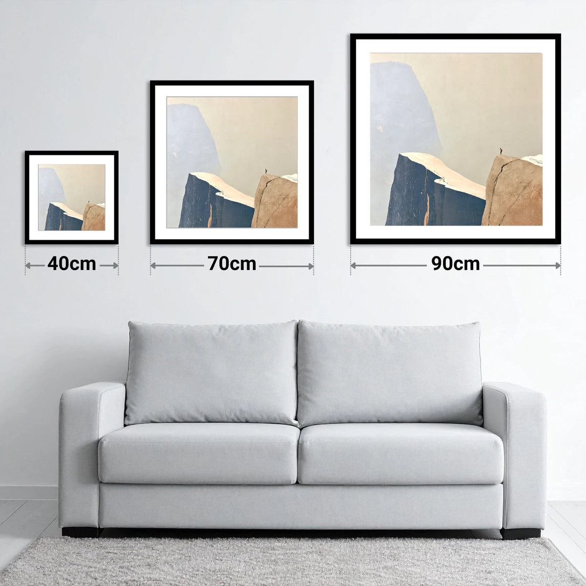 Fell Walker on Ochre Ridge - size guide showing 40cm, 70cm and 90cm art prints
