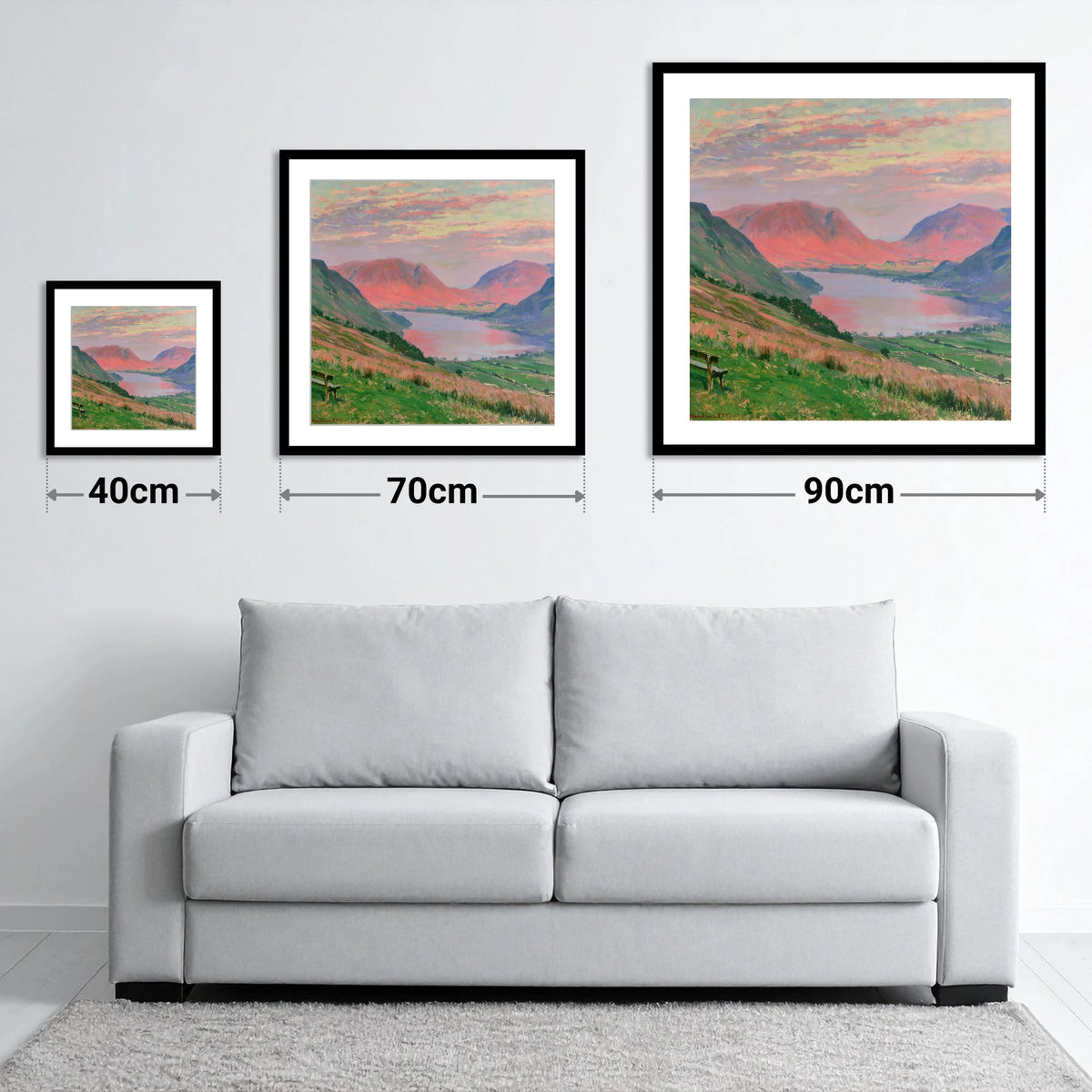 Loweswater Fells in Sunset Pink - size guide showing 40cm, 70cm and 90cm art prints