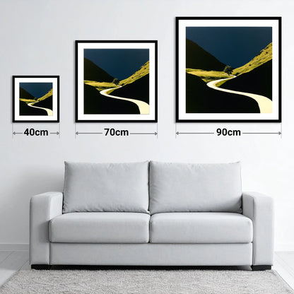 Winding River Through Dark Valley - size guide showing 40cm, 70cm and 90cm art prints