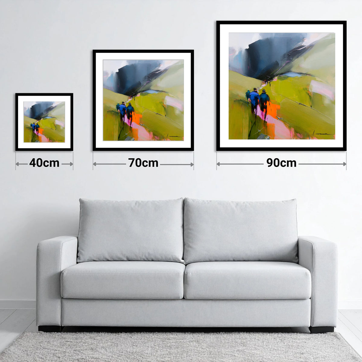 Walkers on Vibrant Fell Path - size guide showing 40cm, 70cm and 90cm art prints