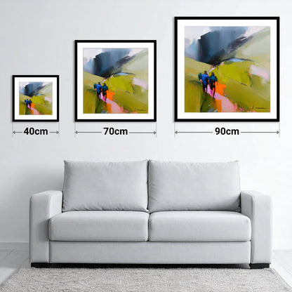 Walkers on Vibrant Fell Path - size guide showing 40cm, 70cm and 90cm art prints