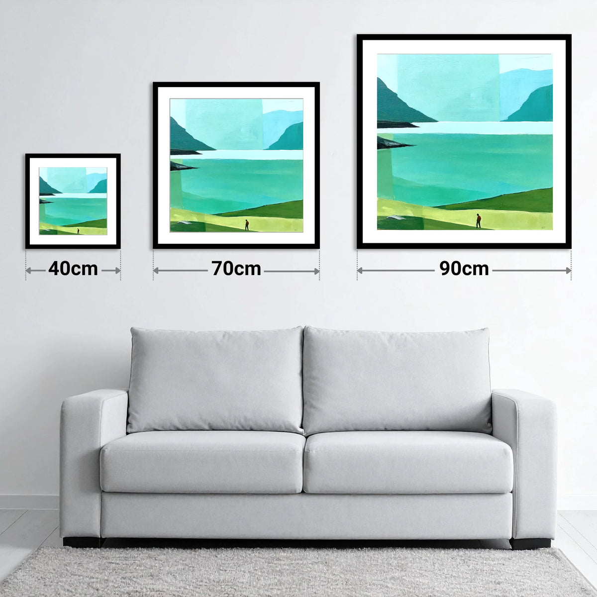 Teal Wastwater and Lone Walker - size guide showing 40cm, 70cm and 90cm art prints