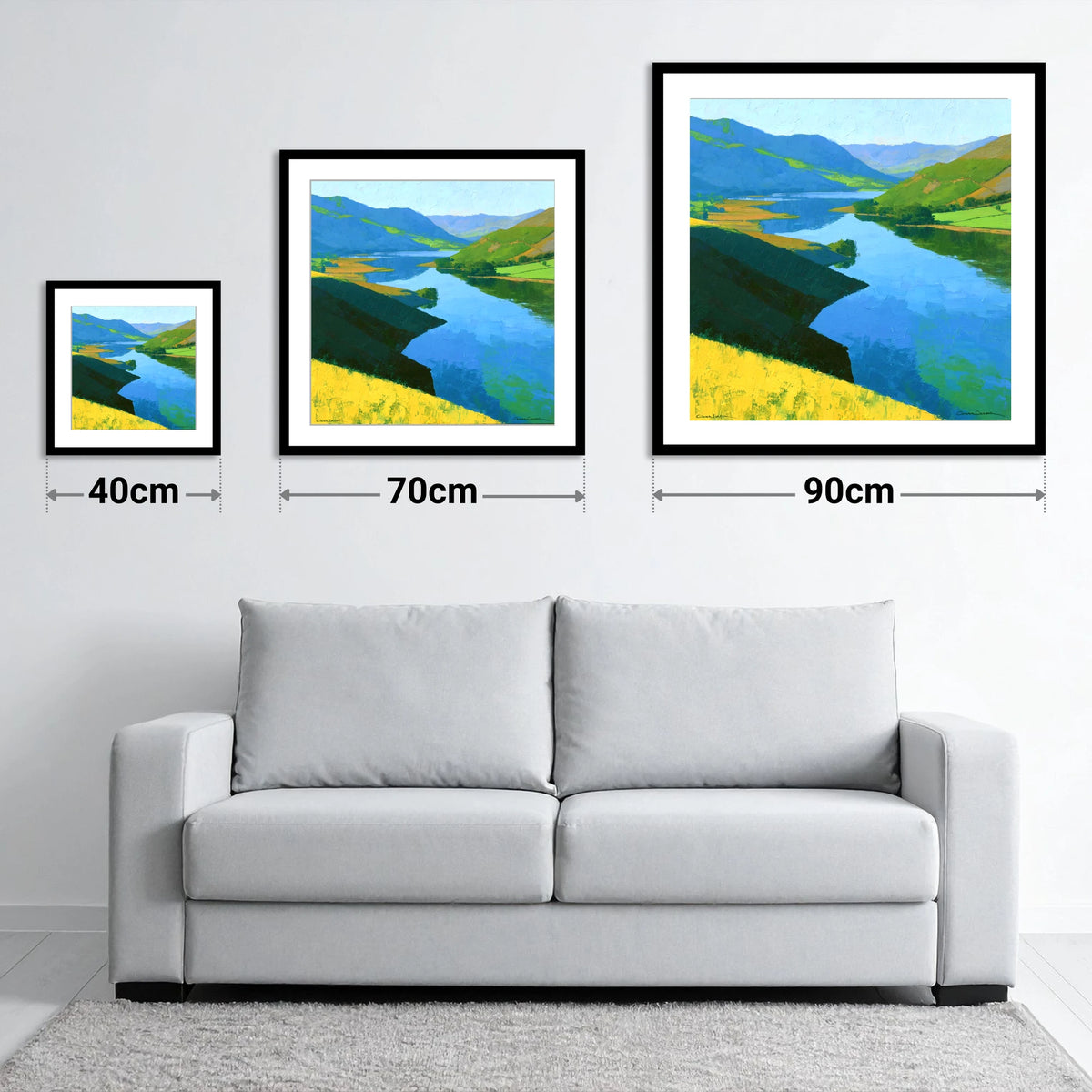 Cerulean Lake and Bright Summer Fells - size guide showing 40cm, 70cm and 90cm art prints