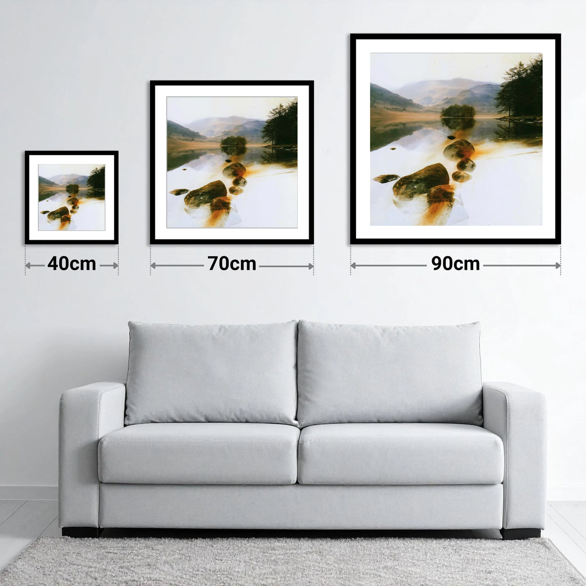 Copper Shallows at Rydal Water - size guide showing 40cm, 70cm and 90cm art prints