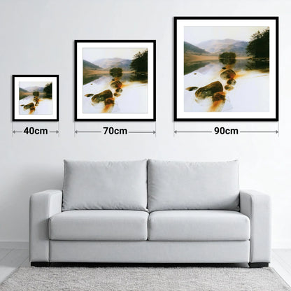 Copper Shallows at Rydal Water - size guide showing 40cm, 70cm and 90cm art prints
