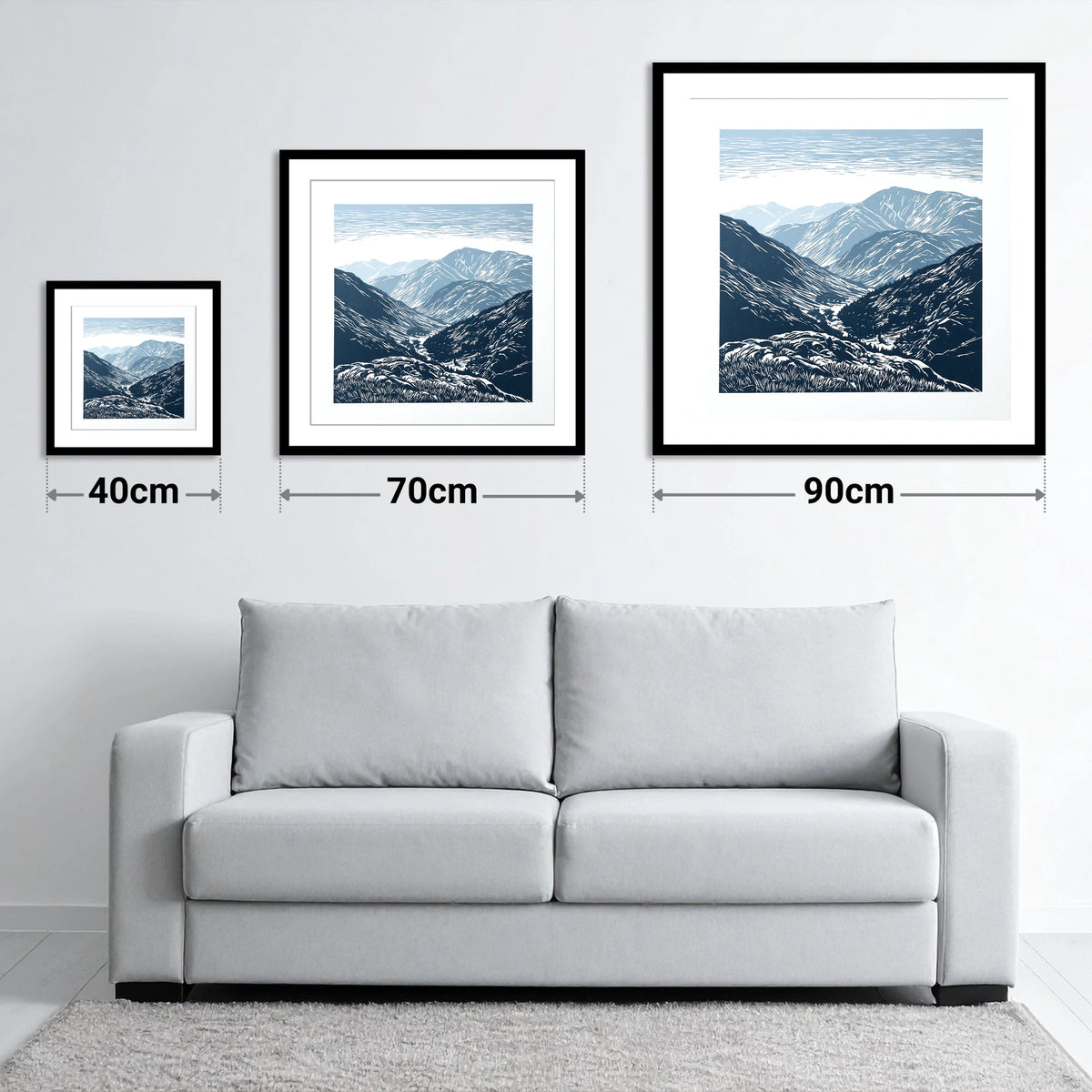 Blue Valley From The Summit - size guide showing 40cm, 70cm and 90cm art prints