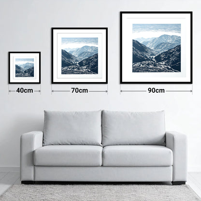 Blue Valley From The Summit - size guide showing 40cm, 70cm and 90cm art prints