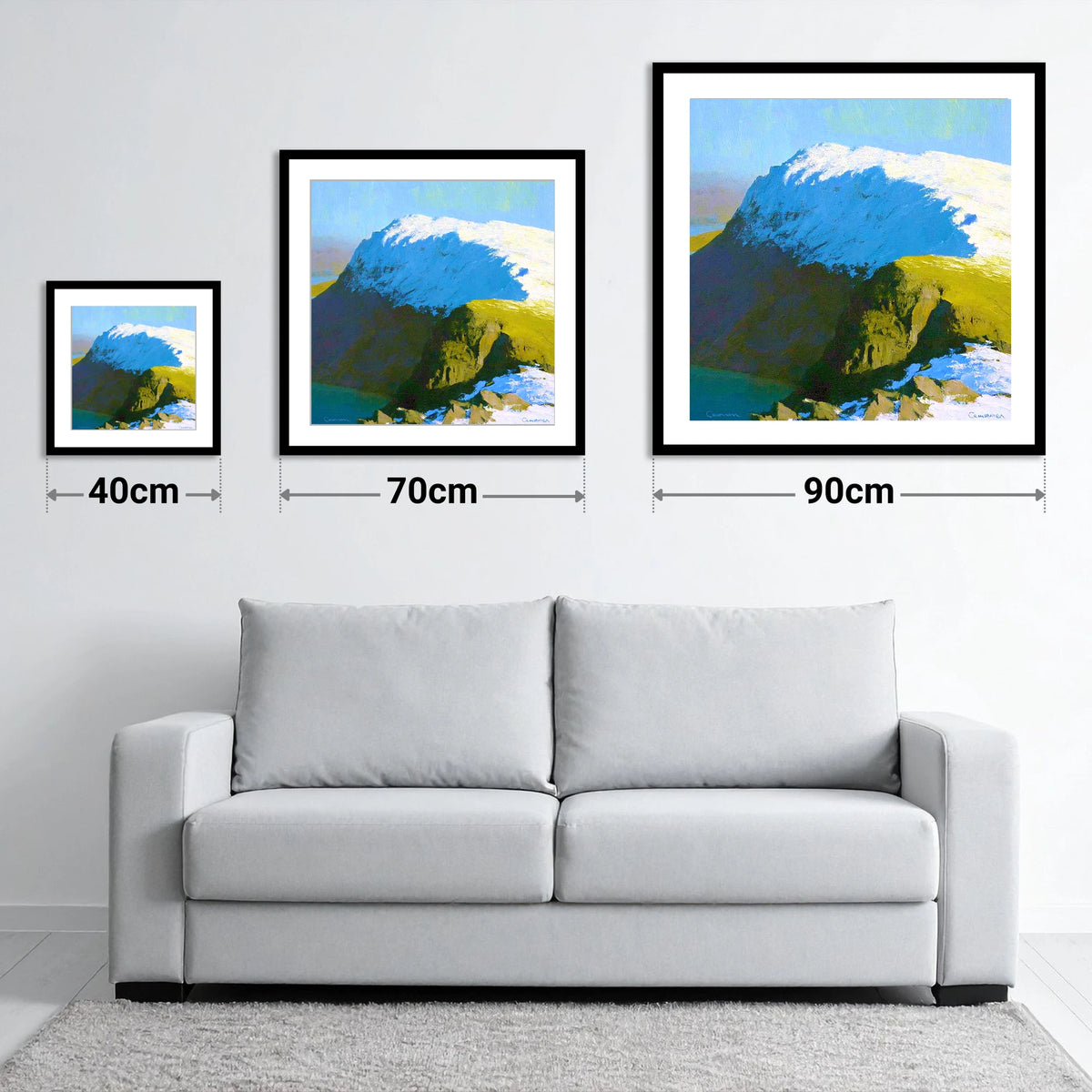 Snowy Ridge on Grey Friar - size guide showing 40cm, 70cm and 90cm art prints