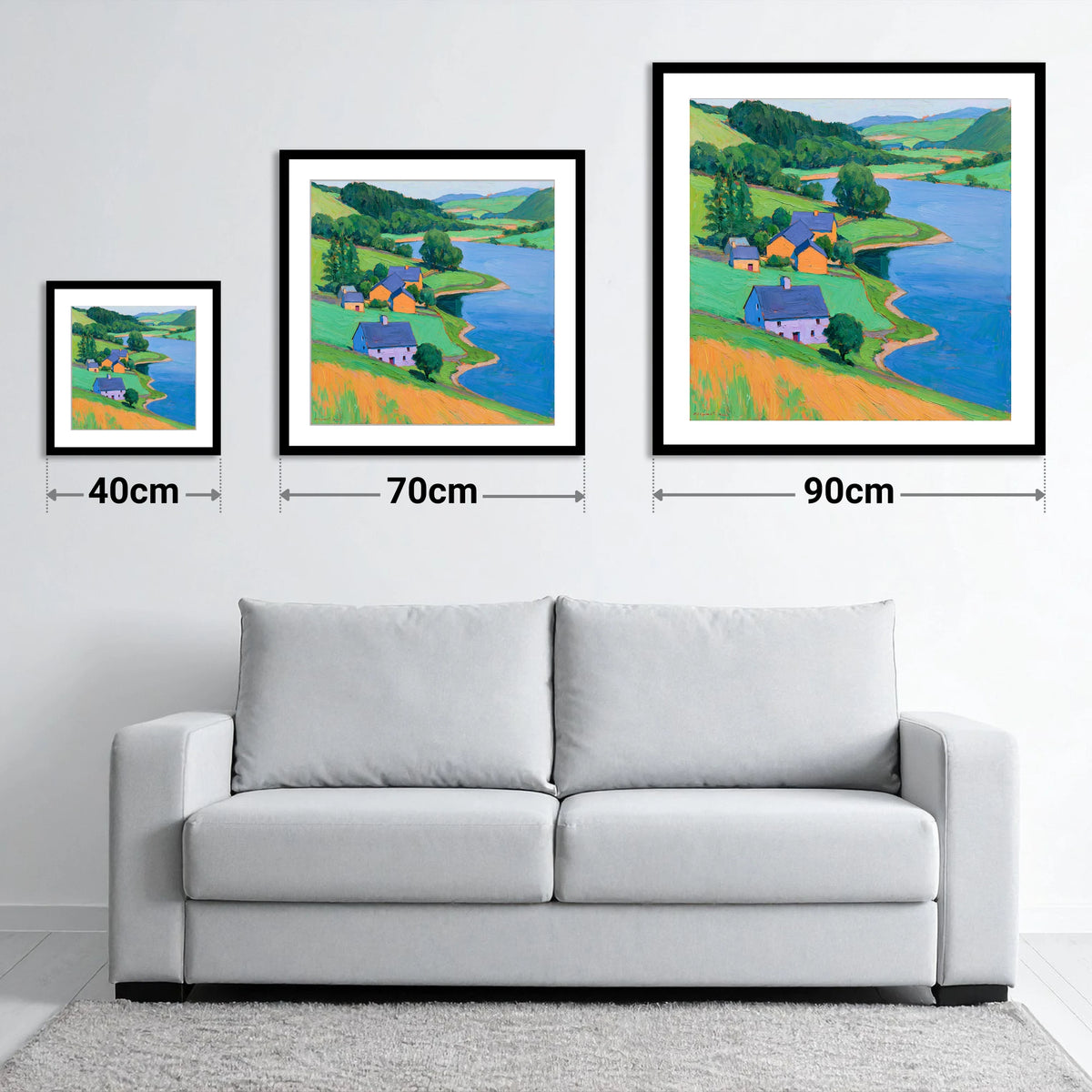 Vivid Lakeside Village and Fells - size guide showing 40cm, 70cm and 90cm art prints