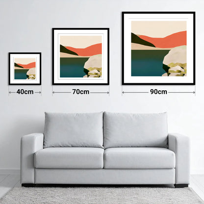 Terracotta Fells at Easedale Tarn - size guide showing 40cm, 70cm and 90cm art prints