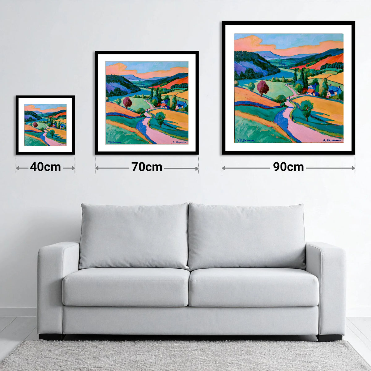 Vibrant Valley Between The Fells - size guide showing 40cm, 70cm and 90cm art prints