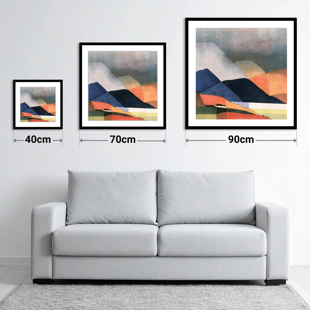 Indigo Fells Under Stormy Skies - size guide showing 40cm, 70cm and 90cm art prints