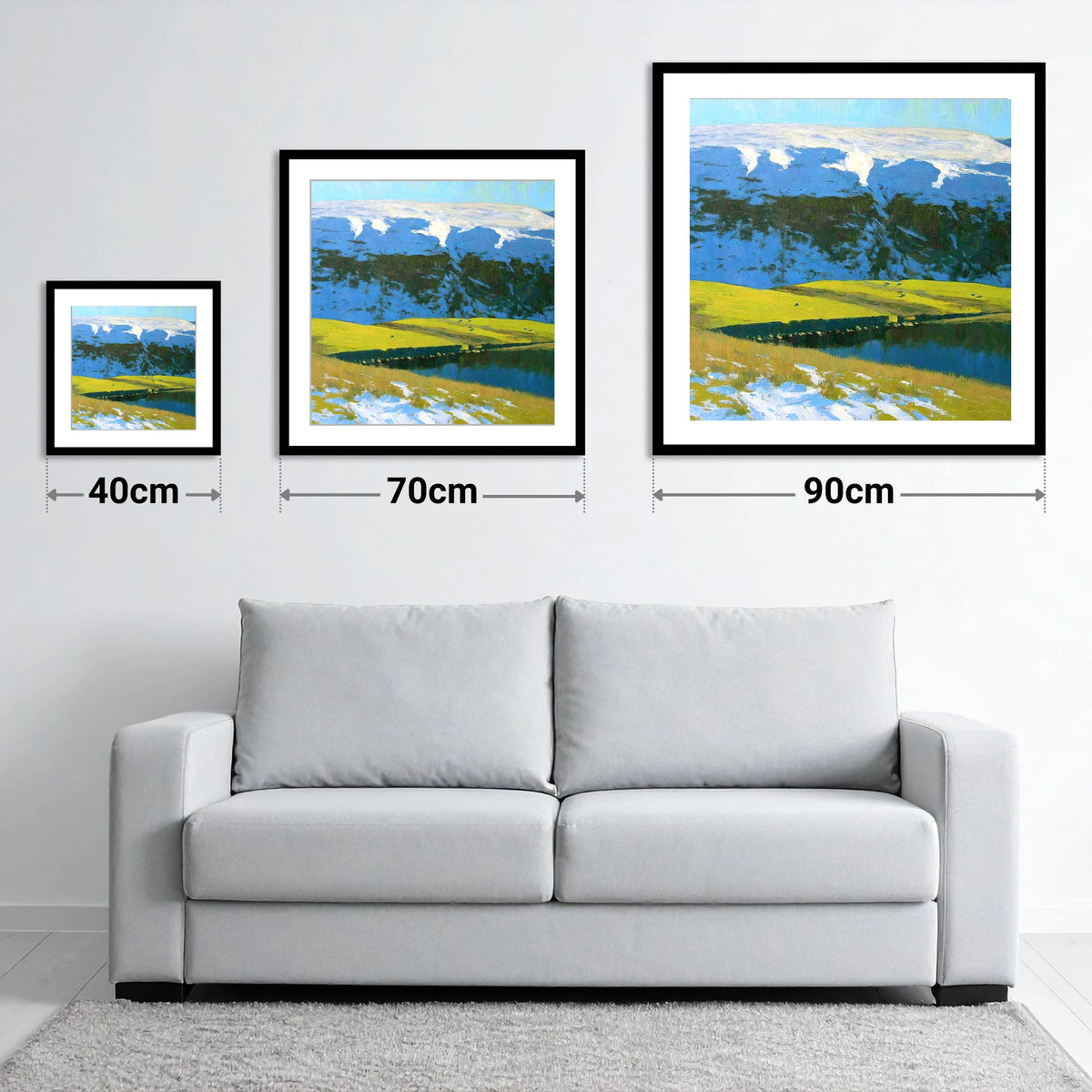 Snowy Ridge on Maiden Moor - size guide showing 40cm, 70cm and 90cm art prints
