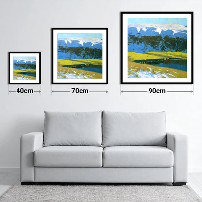Snowy Ridge on Maiden Moor - size guide showing 40cm, 70cm and 90cm art prints