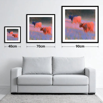 Luminous Highland Cattle Grazing - size guide showing 40cm, 70cm and 90cm art prints