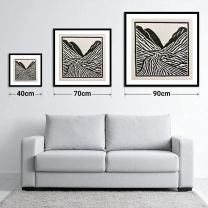 Monochrome Honister Pass Valley - size guide showing 40cm, 70cm and 90cm art prints