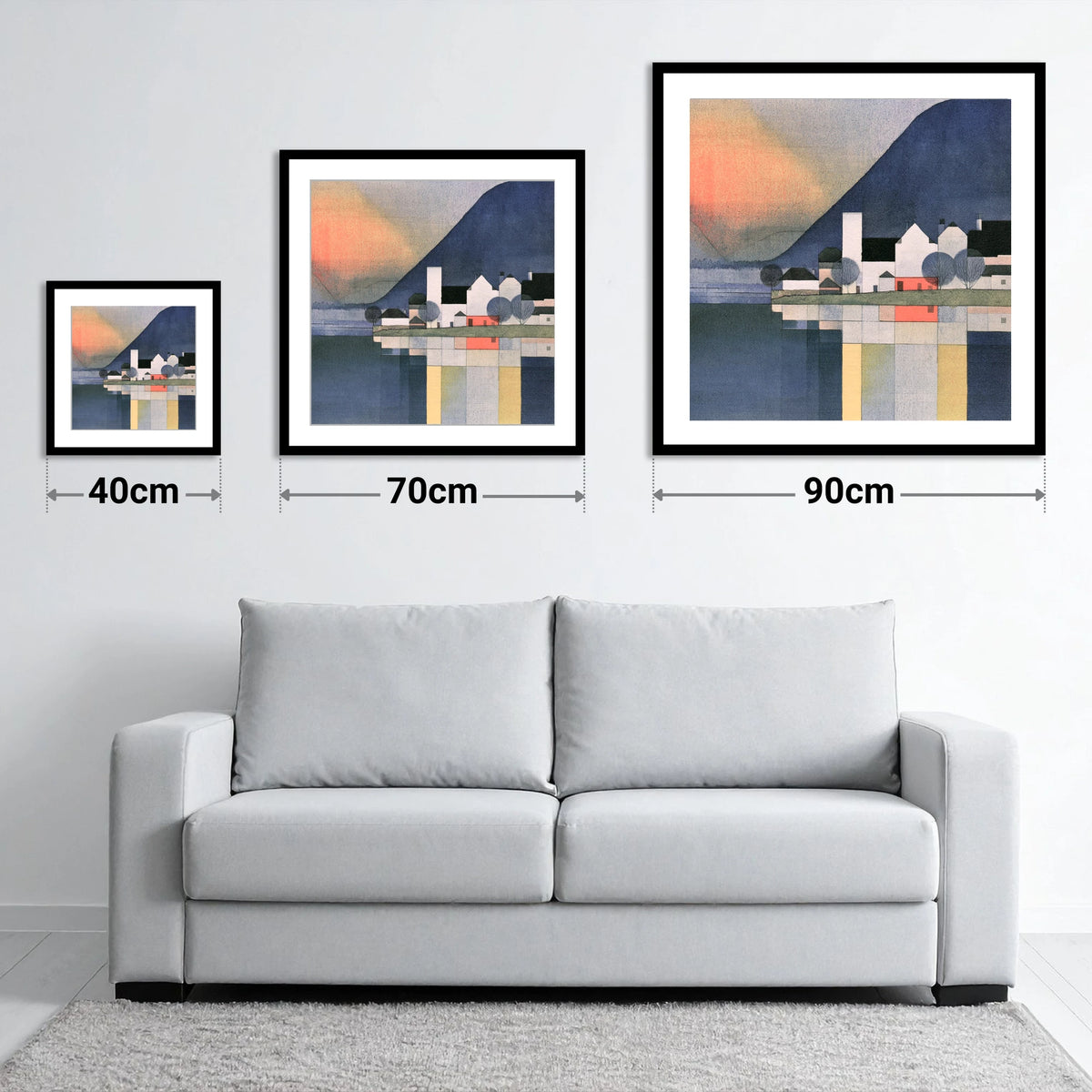Lakeside Village Geometric Reflections - size guide showing 40cm, 70cm and 90cm art prints