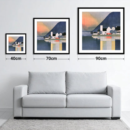 Lakeside Village Geometric Reflections - size guide showing 40cm, 70cm and 90cm art prints