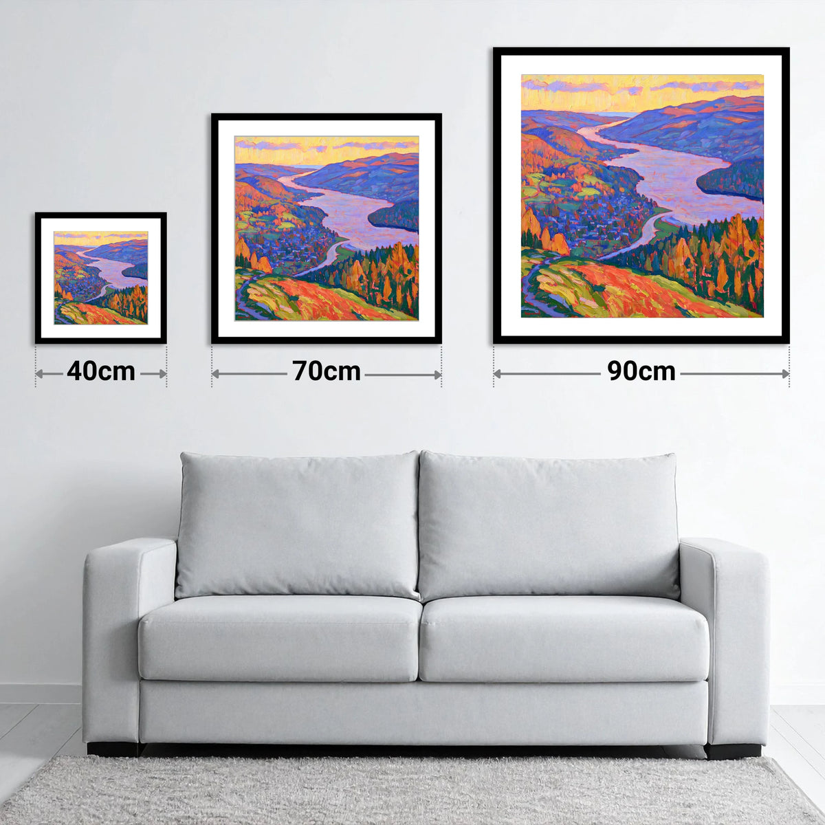 Vibrant Ambleside and Lake View - size guide showing 40cm, 70cm and 90cm art prints