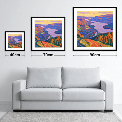 Vibrant Ambleside and Lake View - size guide showing 40cm, 70cm and 90cm art prints