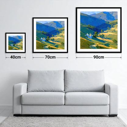 Valley Farm in Evening Light - size guide showing 40cm, 70cm and 90cm art prints