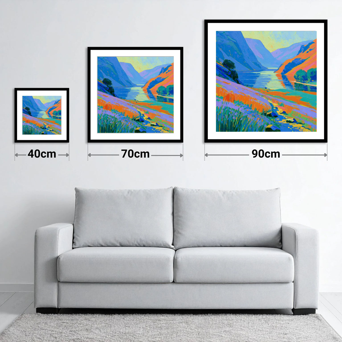 Vibrant Lake and Steep Fells - size guide showing 40cm, 70cm and 90cm art prints