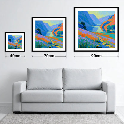 Vibrant Lake and Steep Fells - size guide showing 40cm, 70cm and 90cm art prints
