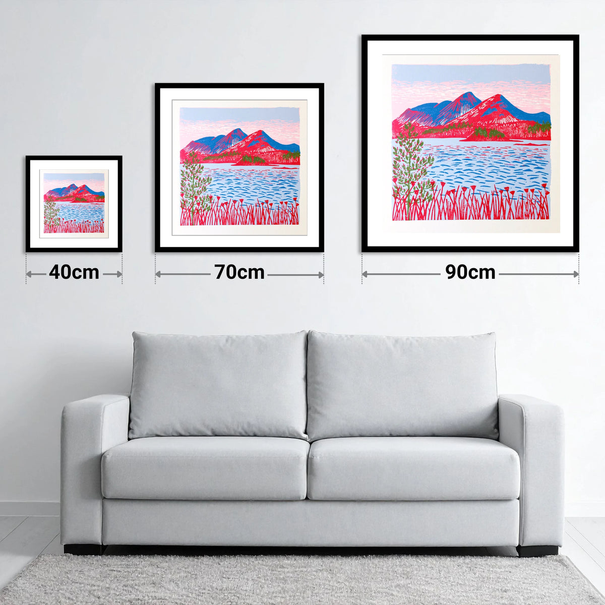 Vibrant Catbells Across The Water - size guide showing 40cm, 70cm and 90cm art prints
