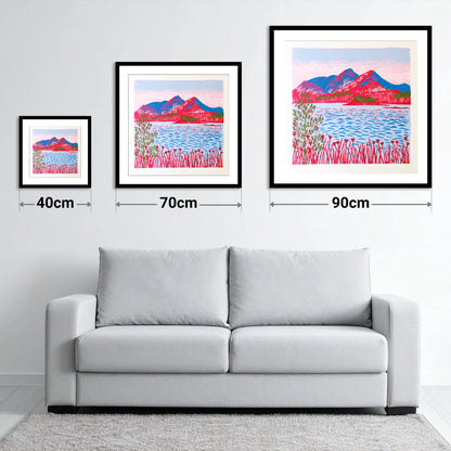 Vibrant Catbells Across The Water - size guide showing 40cm, 70cm and 90cm art prints