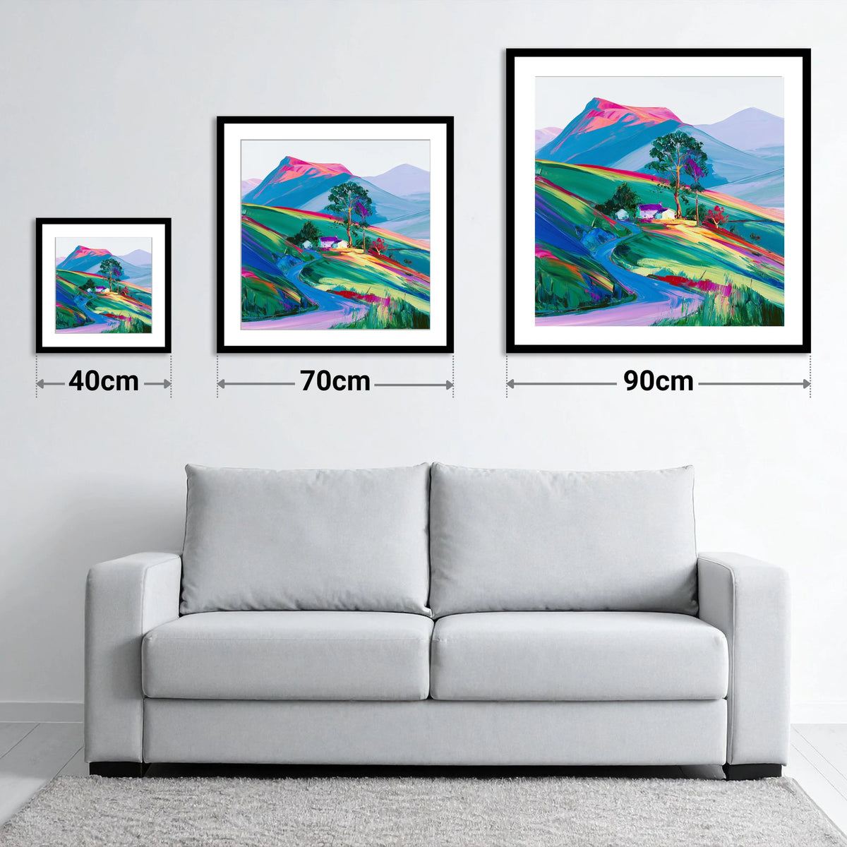 Vibrant Fellside in Evening Light - size guide showing 40cm, 70cm and 90cm art prints