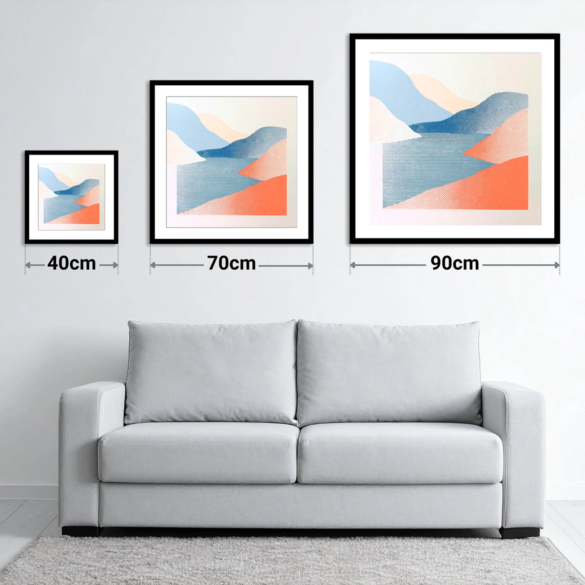Graphic Coral and Blue Fells - size guide showing 40cm, 70cm and 90cm art prints