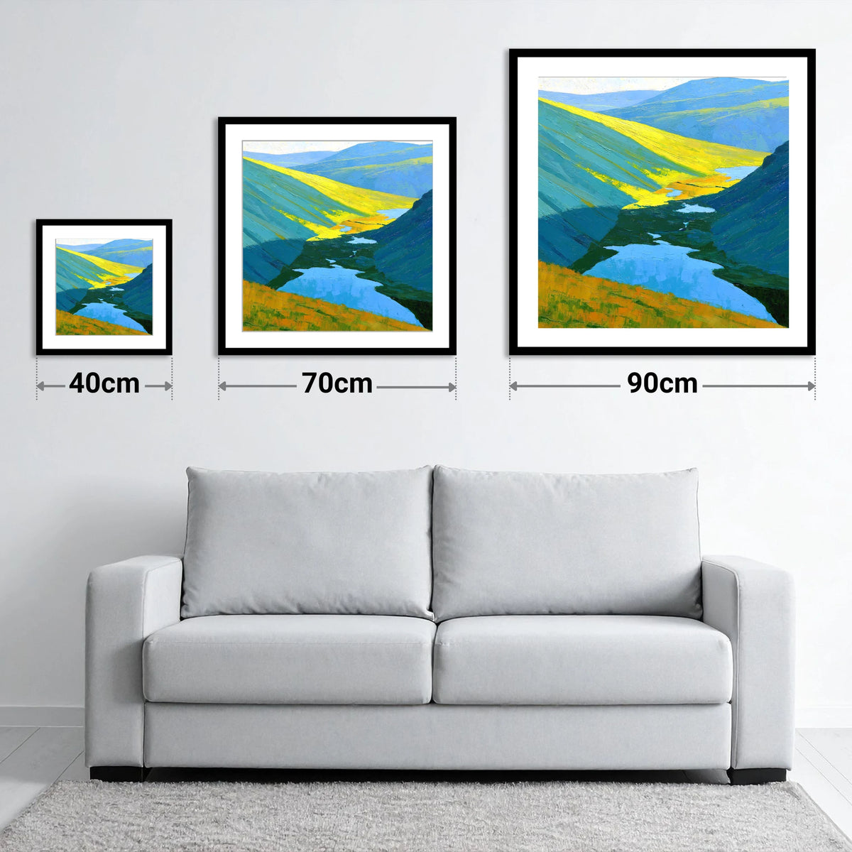 Sunlit Fells over Deep Blue Tarns - size guide showing 40cm, 70cm and 90cm art prints