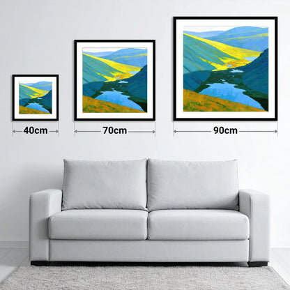 Sunlit Fells over Deep Blue Tarns - size guide showing 40cm, 70cm and 90cm art prints